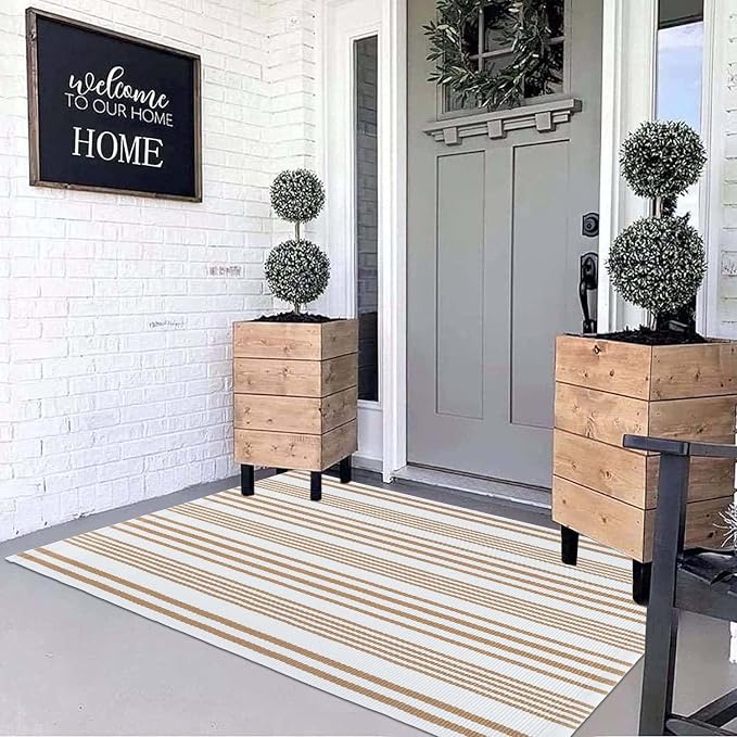 BUAGETUP Khaki and White Outdoor Rug 3'x 5' Hand-Woven Cotton Washable Rug Striped Front Porch Rug Indoor/Outdoor Area Rug Floor Mat for Farmhouse/Layered Door Mats/Living Room