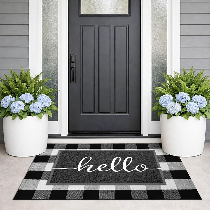 KILOCOCO Buffalo Plaid Checkered Rug 27.5x43 in Black White Front Door Rug | Cotton Woven Outdoor Rug, Machine Washable Front Door Mat, Indoor Entryway Rug, Low Pile Welcome Mats for Farmhouse
