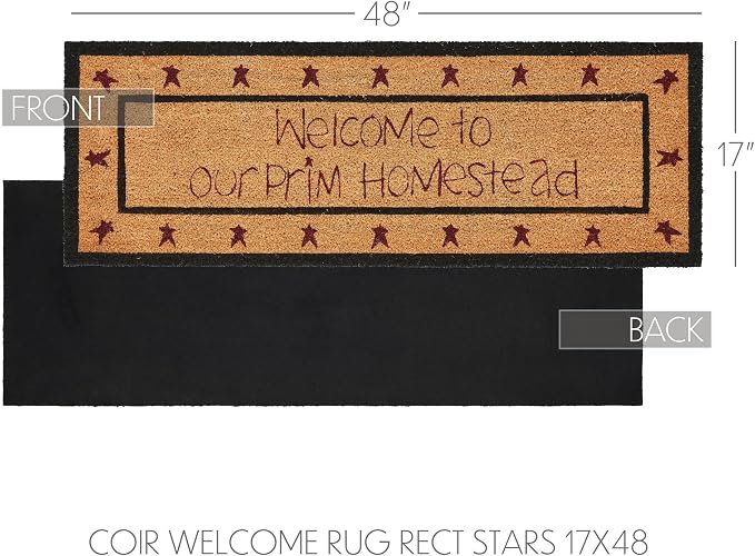 VHC Brands Coir Welcome Door Mat, Entry Rug, with PVC Backing, for Indoor Outdoor Use, Connell Collection, Rectangle 17x48 Doormat, Welcome to Our Prim Homestead, Natural