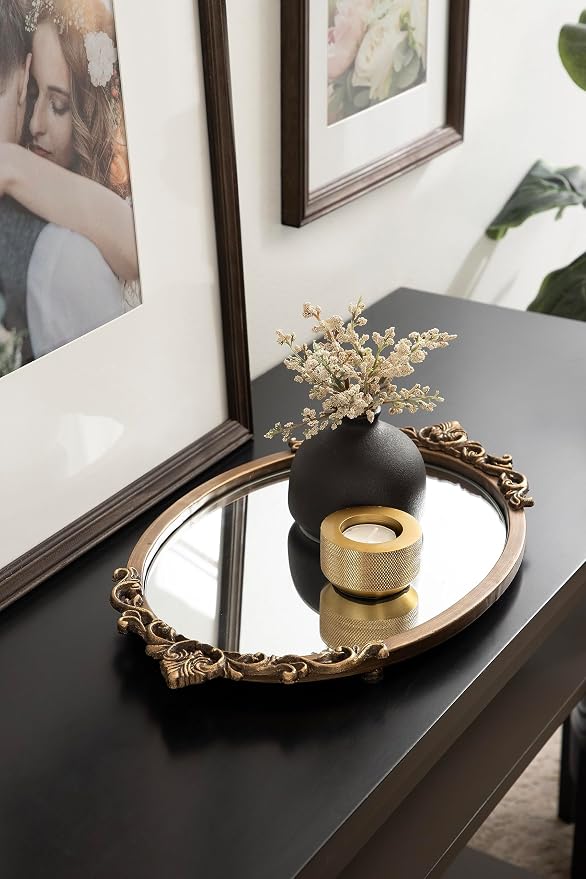 Kate and Laurel Arendahl Vintage Oval Mirrored Decorative Tray; 17 x 10; Antique Gold; Traditional Ottoman Tray for Living Room Home Decor with Ornate Detailing