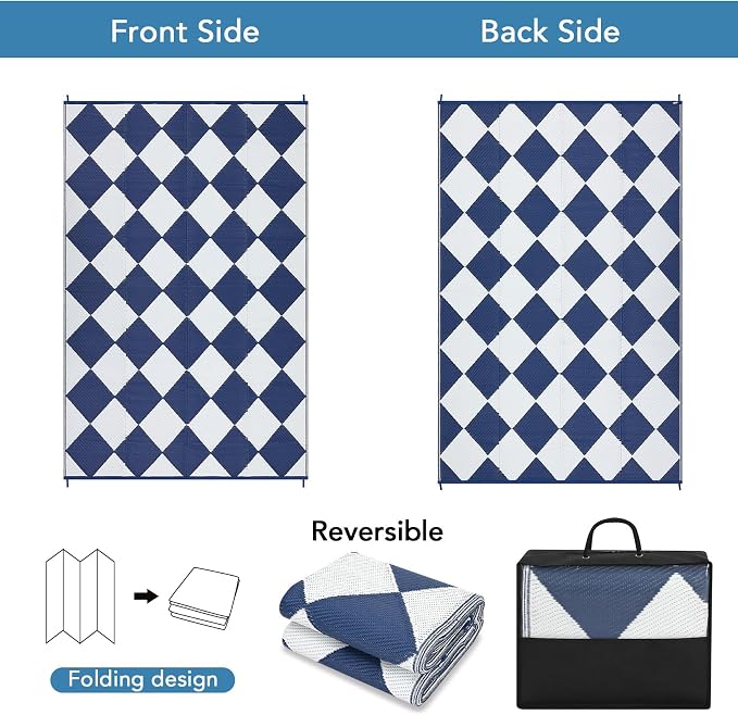 GarveeLife 9x18 Outdoor Rug for Patio Reversible, Plastic Straw Rug Waterproof Camping Rug Portable, Foldable Lightweight Mat for RV, Patio, Backyard, Deck, Picnic, Beach (Dark Blue/White)