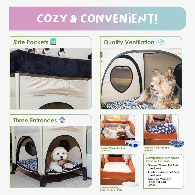 PETIQUE Bedside Lounge Pet Bed, Raised Bunk Bed for Medium Size Pets for Cats & Dogs, Zebra Vibes Design