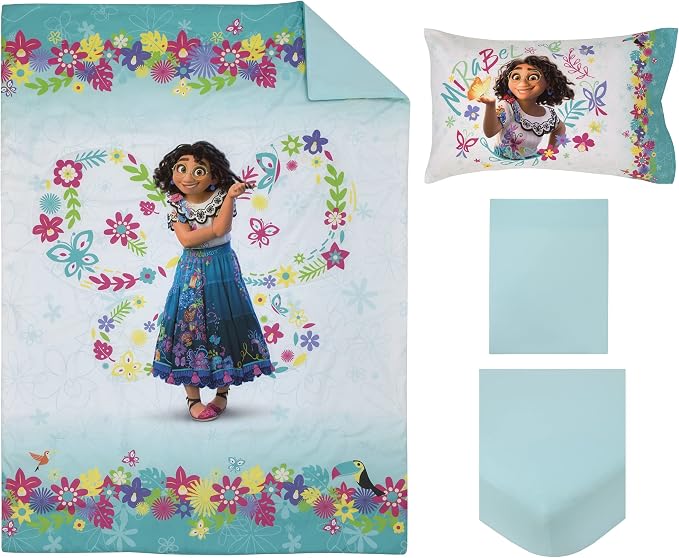 Disney Encanto Tropical Delight Pink and Aqua Flowers and Butterflies 4 Piece Toddler Bedding Set - Comforter, Fitted Bottom Sheet, Flat Top Sheet and Reversible Pillowcase
