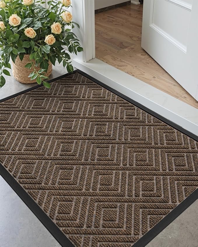 DEXI Front Door Mat Outside Entrance, Heavy Duty Entry Doormat Dirt Trapper with Rubber Back, Non Slip Low Profile Welcome Floor Mats for Entryway Exterior Patio, 32x48, Checkered Brown