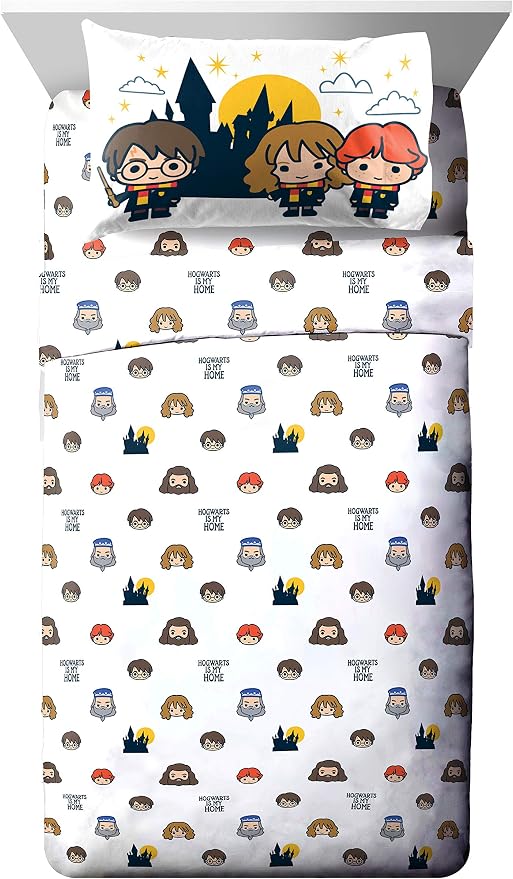 Jay Franco Kids Sheet Cartoon Set with Fitted, Flat Sheets & Pillow Cover - Ultra-Soft Bedding with Pillowcase for Room Decor, Grey - Harry Potter, 4 Piece Full