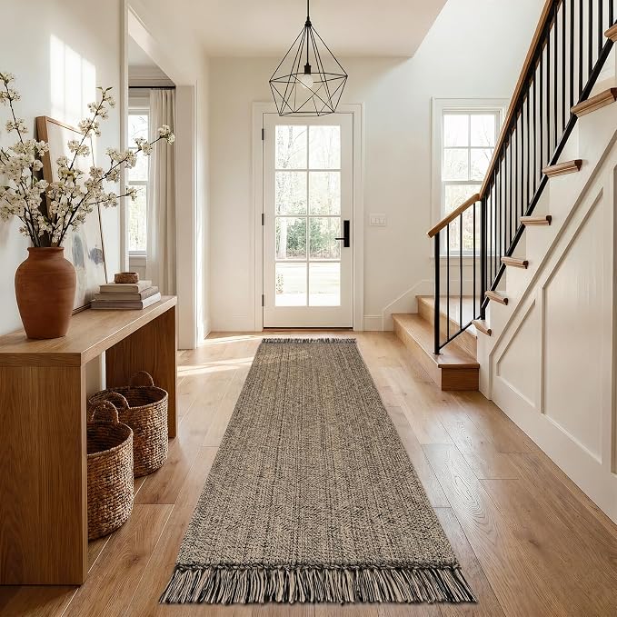 Collive Boho Washable Kitchen Runner Rug, Modern Farmhouse Hallway Runner Rug 2.6' x 8' Natural/Black Bathroom Rugs, Hand Woven Entry Hall Carpet for Laundry Bedroom Decor