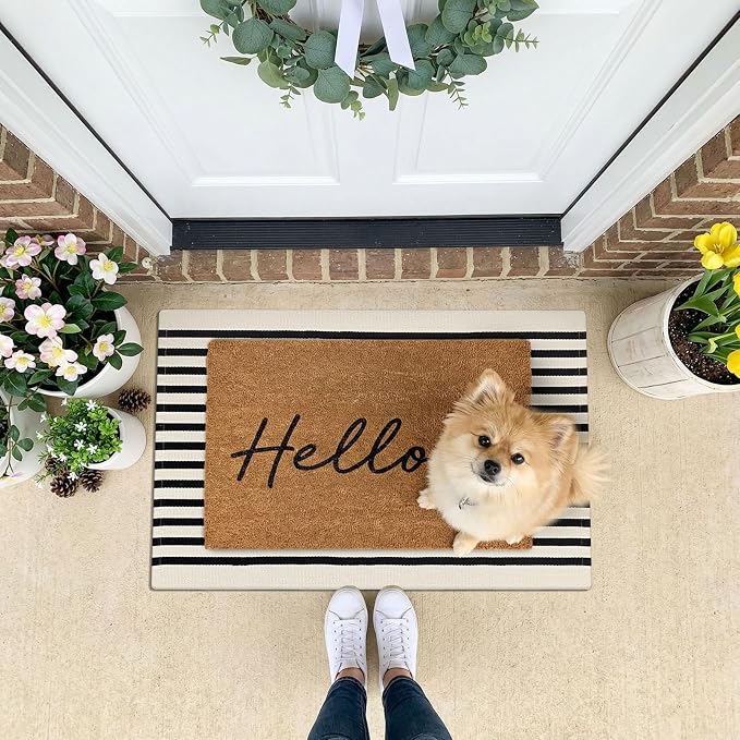 KOZYFLY Striped Rug 2x3 ft Beige and Black Stripes Doormat Cotton Woven Washable Indoor Outdoor Rug Front Door Mat for Entryway Porch Kitchen Patio Decor Small Area Rugs