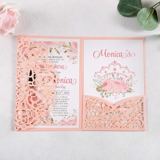 50PCS Personalized Pink Quinceanera Invitations with Envelopes | 4.7x7 inch, Laser Cut Hollow Rose Pocket, Invitation Cards for Miss XV, Sweet 16, 18th Birthday, Quince Invite