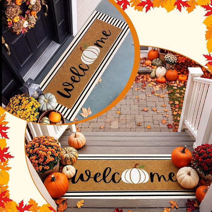 Moucuny 2 Pcs Fall Coir Doormat Set 16"x47" Pumpkin Coir Welcome Mat with 22"x56" Black White Striped Layered Rug, Non-Slip Fall Outdoor Entrance Mats for Thanksgiving Autumn Front Door Porch Decor