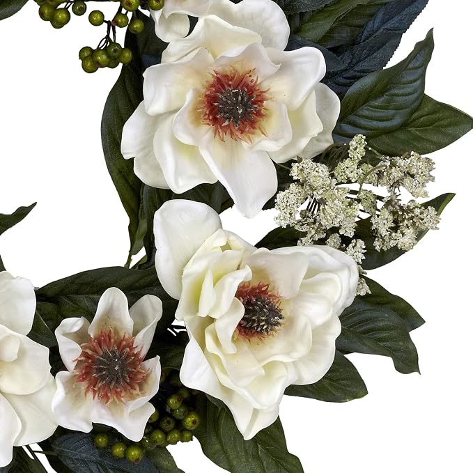 Nearly Natural 4793 22in. Magnolia Wreath,White | Billowy White Blooms with Berries and Buds, Premium Quality Craftsmanship, Perfect for Wall Accent and Door Styling