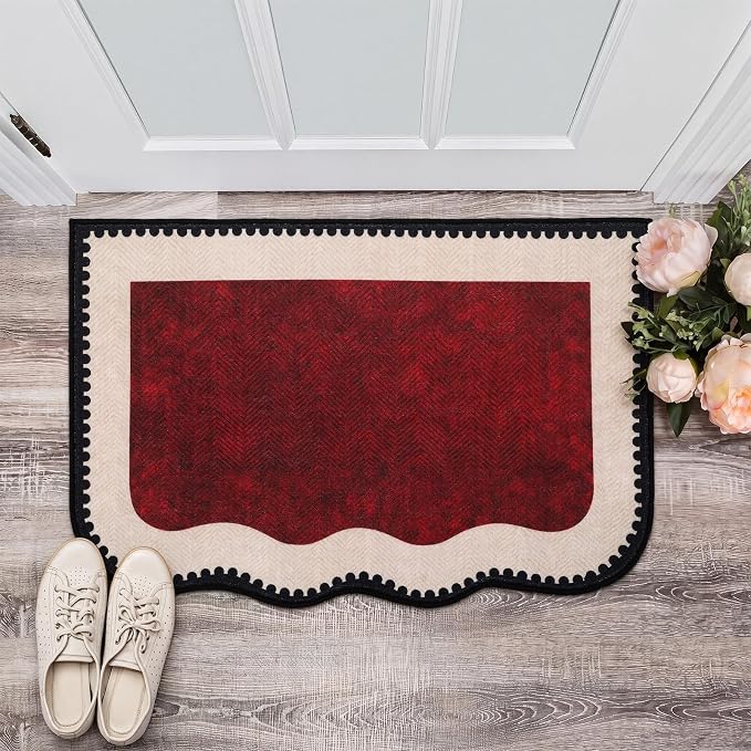Breling Dark Red Entryway Rug 2 x 3 ft Large Scalloped Welcome Mat Non Slip Washable Doormat Front Door Throw Rug for Farmhouse Indoor Kitchen Laundry Porch Bathroom Decor