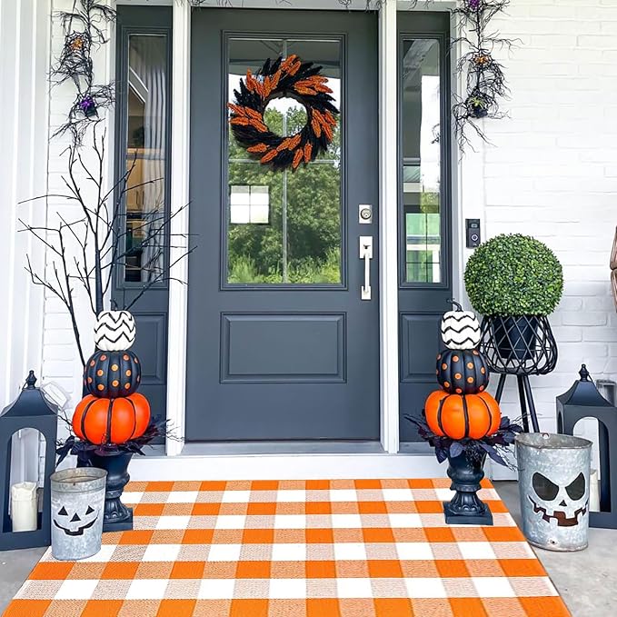 Bottalive Buffalo Plaid Outdoor Rugs, 3'x5' Orange and White Checkered Indoor/Outdoor Area Rug, Layering Rug for Hello/Welcome Door Mat, Washable Cotton Woven Farmhouse Mat for Fall Front Porch Décor