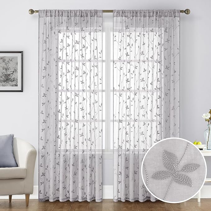 HOMEIDEAS Light Grey Sheer Curtains 52 X 84 Inches Length 2 Panels Embroidered - Image 9