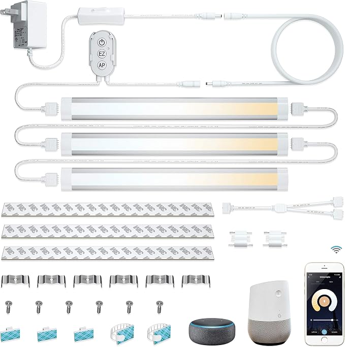 Smart Under Cabinet Lights Work with Alexa, Google,Siri, LED Light for Kitchen Shelf Counter Lighting with App, Voice Activated Dimmable and Linkable Warm to Cool White (3 Lights Bar Kit)