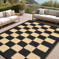 GarveeHome Outdoor Rug 5 x 8 Waterproof Modern Checkboard Plastic Straw Rug, UV-Resistant Outside Woven Camping Rug, Foldable Geometric Plaid Reversible Mat for Backyard, Picnic, Black Brown