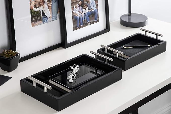 Kate and Laurel Lipton Modern Tray Set, Set of 2, Black and Silver, Glam Decorative Trays for Storage and Display