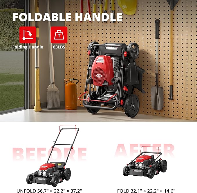 AMERISUN 21-Inch Gas Lawn Mower, 144cc 4-Stroke OHV Engine, 2-in-1 Push Lawn Mower with Mulching & Side Discharge, 6-Position Height Adjustment, 7-Inch Front/10-Inch Rear Wheels
