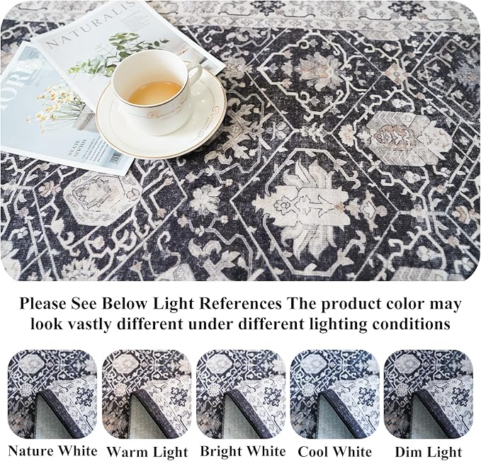 Washable 4x8 Hallway Runner Rug: Vintage 8ft Soft Runners for Entry Living Room Wide Low Pile Carpet with Non-Slip Backing for Kitchen Bedroom Thin Stain Resistant Floor Mat for Dining Room(Black,4x8)