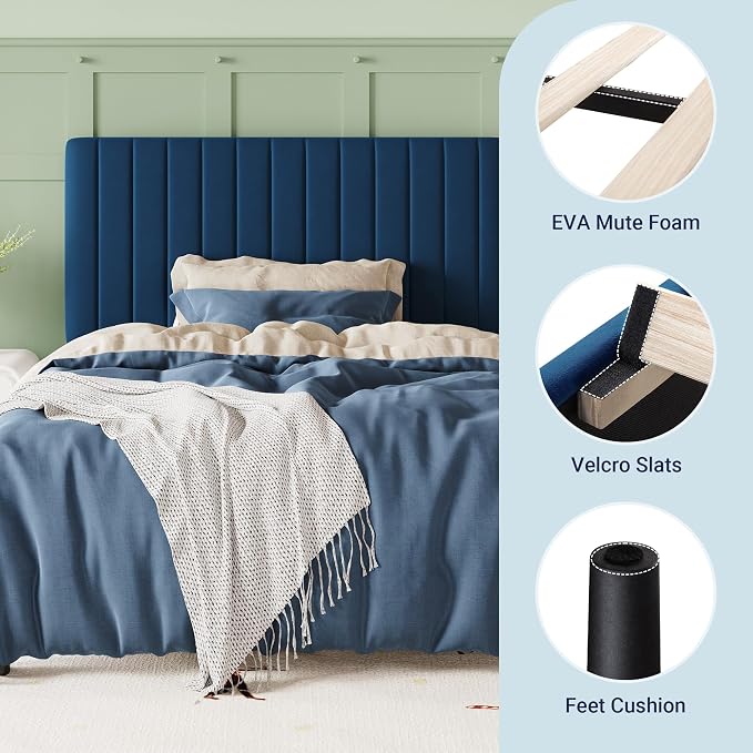 Allewie Twin Bed Frame, Velvet Upholstered Platform Bed with Adjustable Vertical Channel Tufted Headboard, Mattress Foundation with Strong Wooden Slats, Box Spring Optional, Easy Assembly, Navy Blue