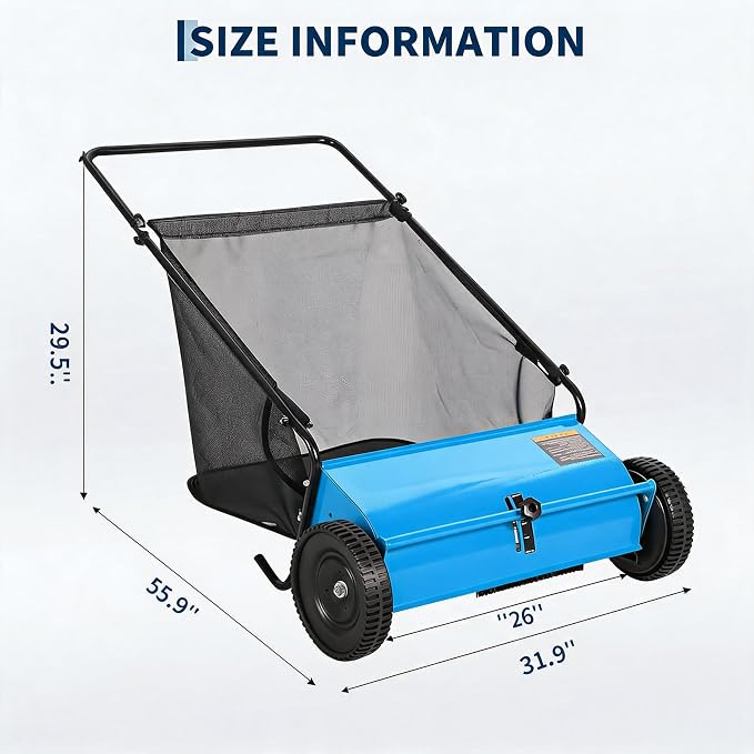 Heavy Duty 26-Inch Push Lawn Sweeper – 4 High-Speed Spinning Brushes | Durable Steel Frame, 7 Cu. Ft. Removable lawn mower, Rubber Wheels, Walk-Behind Leaf & Grass Collector for Lawn, Patio