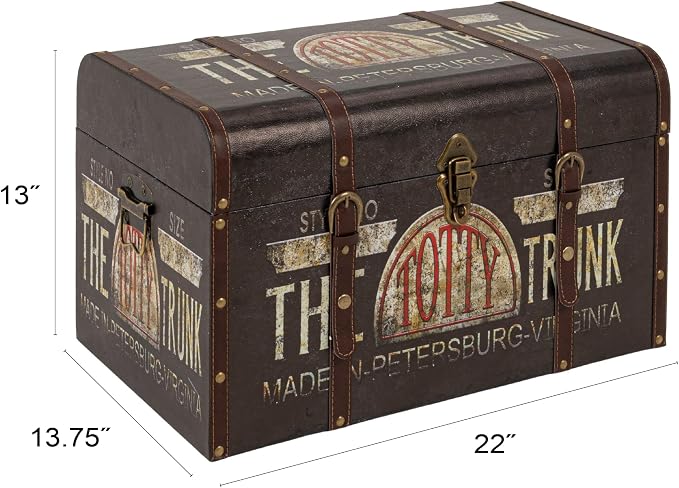 Household Essentials Large Decorative Storage Trunk with Vintage Decoupage, Leather and Metal Accents, Green and Black Finish