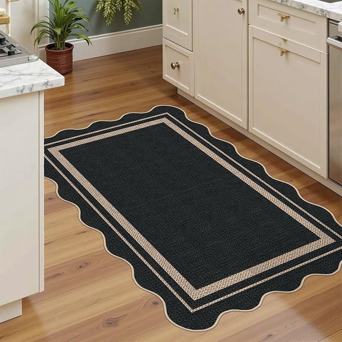 Easy Jute Area Rug 2.6x4, Black Indoor Outdoor Carpet, Washable Non-Slip Floor Mat for Entryway, Bedroom, Living Room