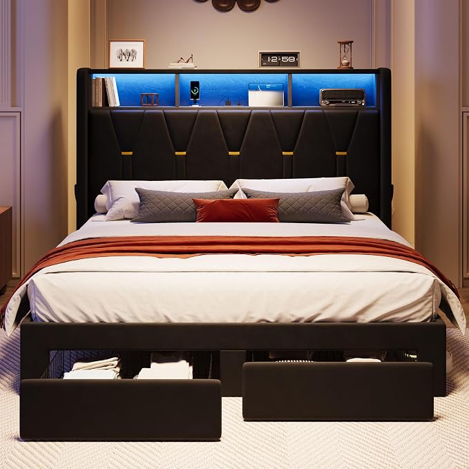 SHA CERLIN Queen Velvet Platform Bed Frame with 2 Storage Drawers, LED Storage Headboard with Charging Station, Upholstered Wingback Headboard, Noise-Free, No Box Spring Needed, Easy Assembly, Black