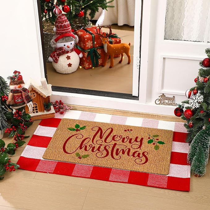 Moucuny 2 Christmas Outdoor Mat, Non Slip | Merry Christmas Welcome Coir Door Outdoor Red White Plaid Rug Front Door Porch Entryway Decor,24'' X 35'',16'' X 28''