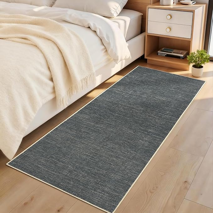 GarveeHome 2x6 Runner Rug for Hallway Modern Solid Washable Kitchen Rugs | Non Slip Bordered Runner Rugs Indoor Neutral Easy Jute Runners for Bedroom Nursery Entryway Living Room, Grey