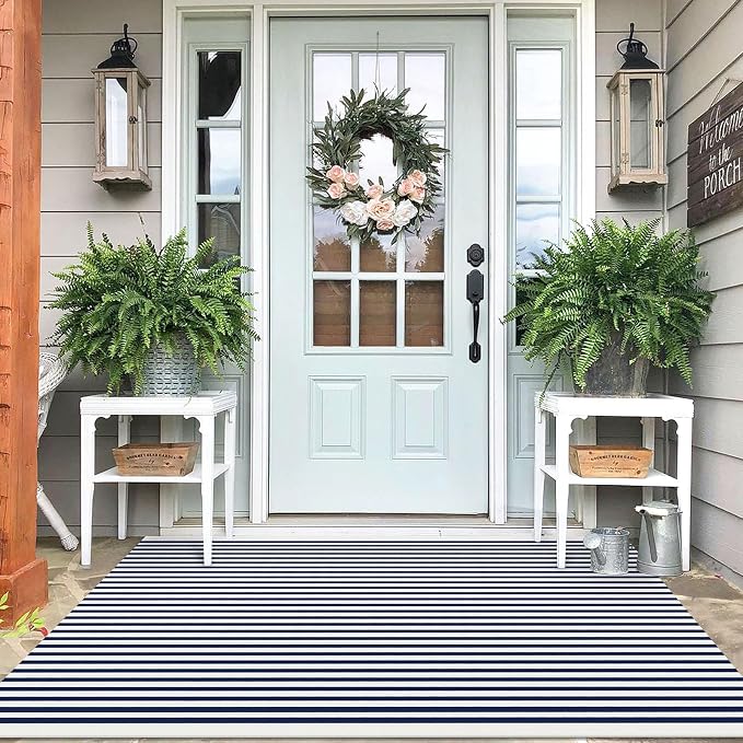 IOHOUZE Striped Area Rug 4'x6' Front Door Rugs Washable Area Rug for Double Front Porch, Large Patio Rug Outdoor Indoor, Doormat for Entryway Porch Entrance, Navy/White