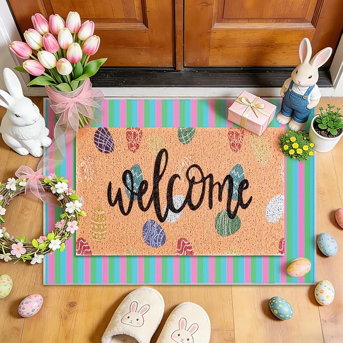 2 Pcs Easter Doormat Outdoor Entrance Colorful Eggs Welcome Door Mat Non Slip Coir Mats Floor Striped Doormat Layering Mat Seasonal for Easter Indoor Front Porch Entryway Decor 23.6 x 31.5 Inch