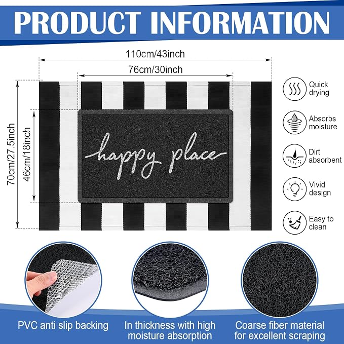 Geelin 2 Pcs 30'' x 18'' Doormat 43'' x 27.5'' Black and White Layered Rug for Front Door Mat Outside Entrance Welcome Door Mats for Indoor Outdoor Entryway Porch Decor(Stripe Happy Place)