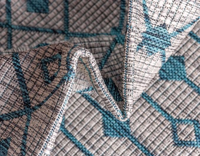 Unique Loom Outdoor Trellis Collection Area Rug - Tribal Trellis (2' x 6' 1" Runner, Light Blue/ Ivory)