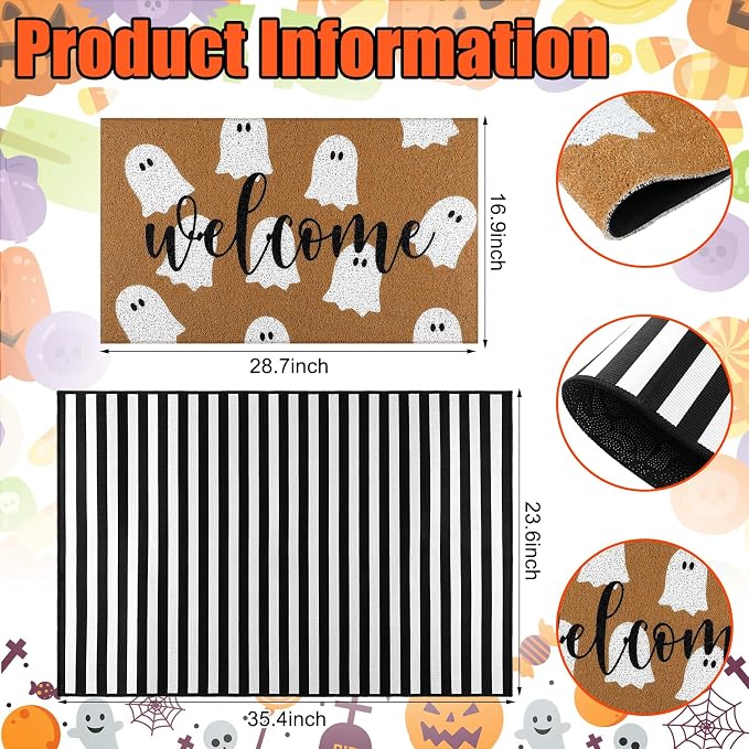 Tinideya 2 Pcs Halloween Door Mat Outdoor Cute Ghost Welcome Doormat for Front Door Non Slip Layered Ghost Coir Floor Mat Black White Stripe Halloween Rug for Outside Front Porch Entryway Decor