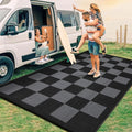 GarveeHome Large Waterproof Outdoor Rug 10 x 14 Foldable Checkboard Plastic Straw Rug, UV-Resistant Reversible Mat, Modern Geometric Plaid Woven Carpet for Picnic, Backyard, Deck, Black Gray