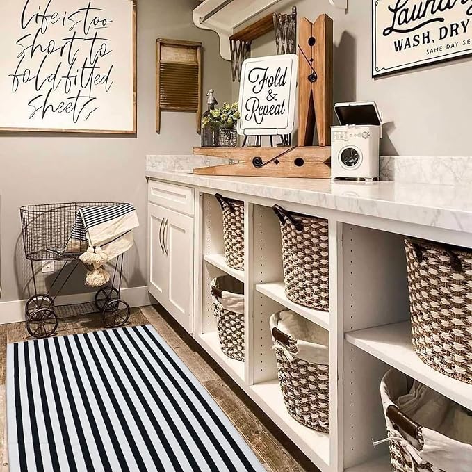 Black and White Striped Outdoor Rug Halloween Door Mat 27.5" x 43" Front Porch Rug Farmhouse Fall Layered Door Welcome Mat for Entryway/Home Entrance/Laundry Room