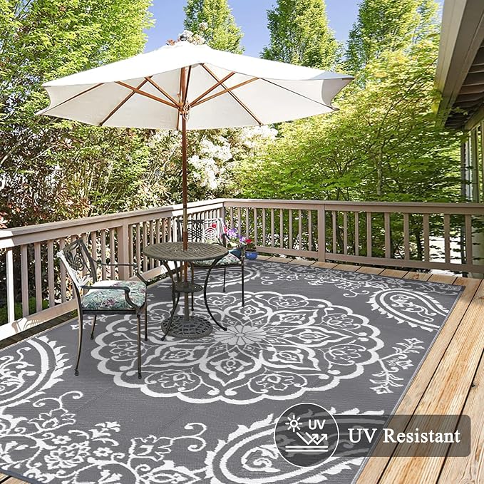 Pauwer Outdoor Rug 5x8, Waterproof Plastic Straw Camping Rug, Boho Grey | Reversible Patio Rug, UV Resistant Indoor Outdoor RV Mat Carpet For Deck, Camper, Porch, Balcony, Backyard, Picnic, Foldable