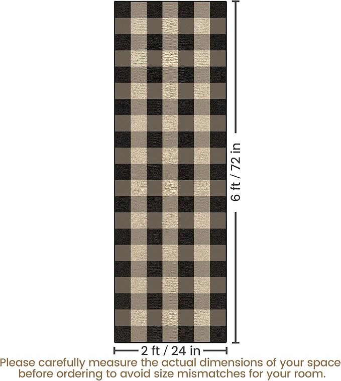 Washable Checkered Easy Jute Runner Rug 2x6, Black Grey Plaid Checkerboard Boho Outdoor Indoor Patio Rug, Woven Non Slip Thin Neutral Long Runner Carpet for Hallway Kitchen 6ft Entryway Porch