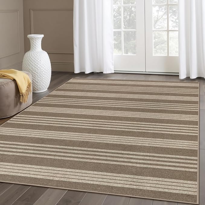 Lahome Striped Easy Jute Outdoor Rug 5x7, Living Room Area Rugs Washable | Patio Rug, Modern Farmhouse Neutral Mat, Non Slip Stain Resistance Indoor Carpet for Dining Room Sunroom Bedroom, Khaki Beige
