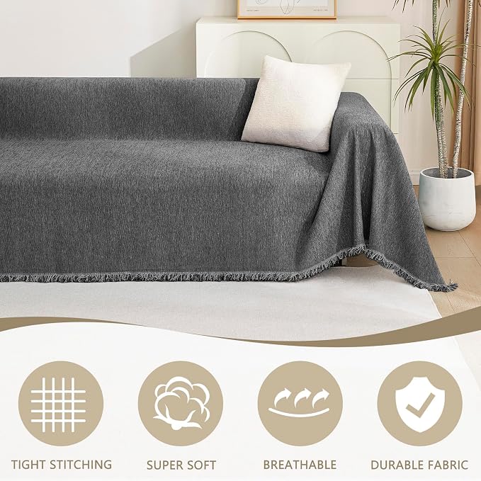 MYSKY HOME Loveseat Cover Charcoal Gray Couch Cover Sectional Couch Covers for 2 Cushion Couch Sofa Thick Universal Chenille Sofa Cover with Tassel Durable Furniture Protector for Dogs 91" x 118"