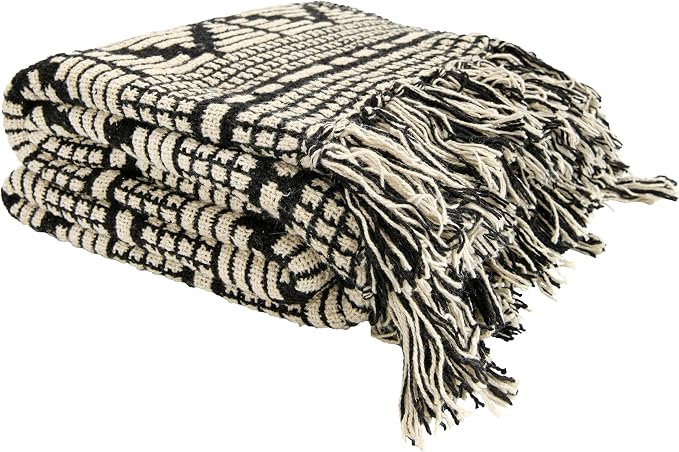 Bloomingville Soft Reclaimed Cotton Blend Throw with Diamond Pattern and Fringe, Black and Beige