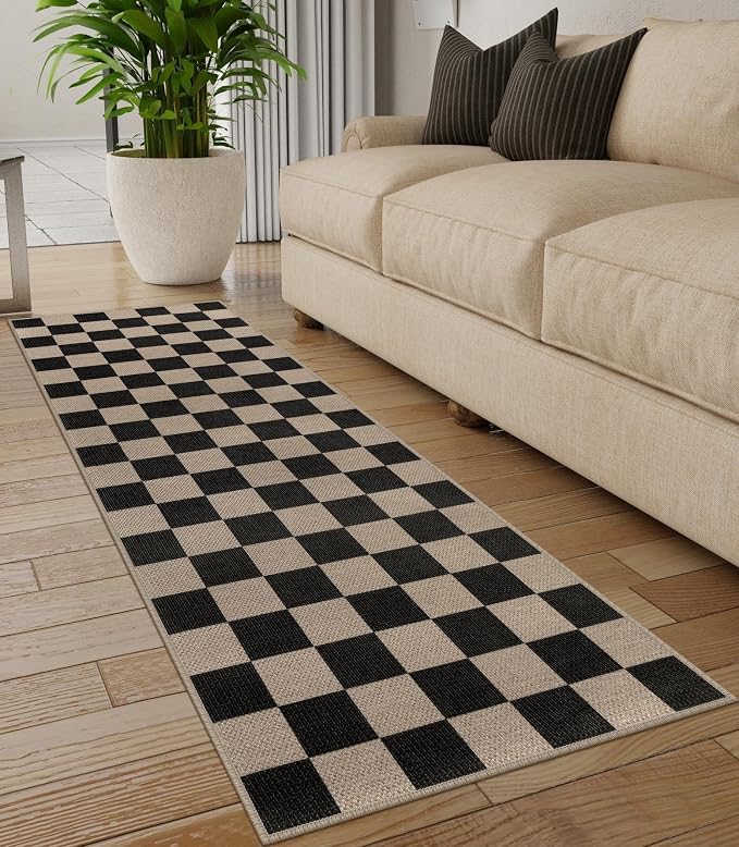 Rugalia Easy Jute Checkered Runner Rug, 2.6x8 Black Modern Washable Rugs Runner for Hallway Non-Slip Kitchen Runner Rug, Geometric Checkerboard Indoor Outdoor Carpet for Porch Laundry Entryway