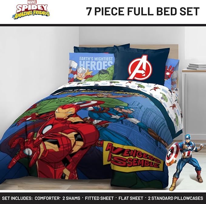 Jay Franco Kids Bed Set, Blue, Avengers, 7 Piece Full | Cozy Soft Bedding for Stylish Room Décor with Comforter, Sheets & Pillow Covers