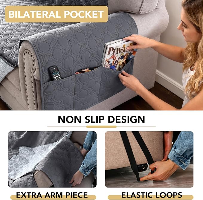 H.VERSAILTEX 100% Waterproof Couch Covers for 3 Cushion Couch Triple Non-Slip Sofa Cover with Storage Pocket Washable Couch Protector for Dogs(Sofa, Grey)