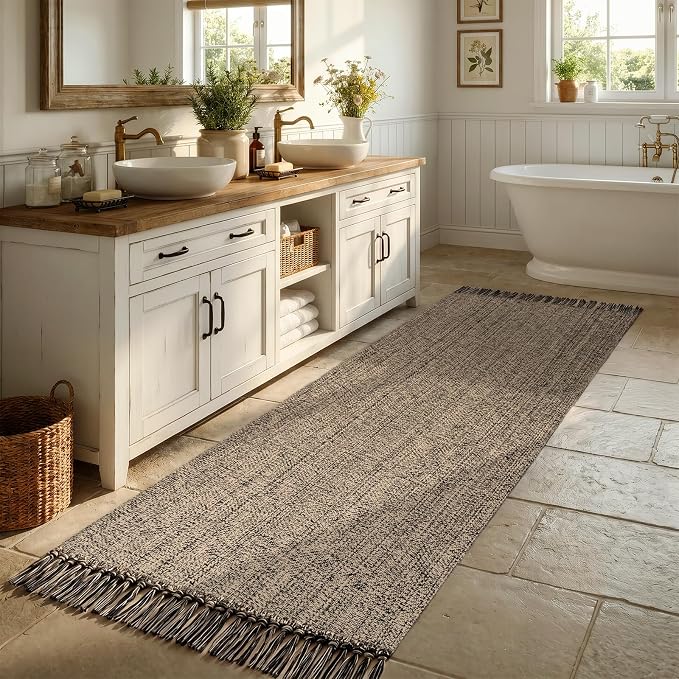 Collive Boho Washable Kitchen Runner Rug, 2.6' x 7' Natural/Black Bathroom Rugs Modern Farmhouse Hallway Runner Rug, Hand Woven Entry Hall Carpet for Laundry Bedroom Decor