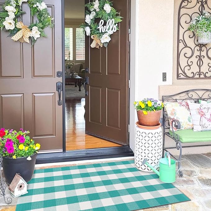 Ckorzen Green and White Plaid Rug, 28" x 43" Spring Outdoor Front Porch Door Decor Mat, Washable Cotton Woven Farmhouse Area Rug for Layered Door Mats Carpet, Entryway, Easter Décor