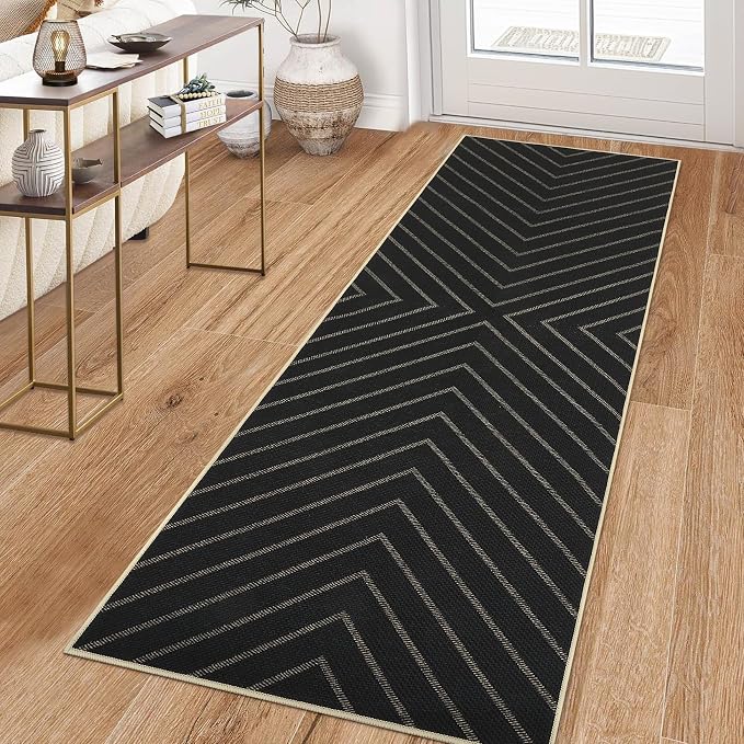 Garvee Easy Jute Rug 2x6 Runner Rug, Hallway Runner Stain Resistant Low Pile Thin Non Shedding Pet Friendly Carpet for Entrance Kithchen Bathroom Porch Striped Minimalism Area Rug 2'x6' Black