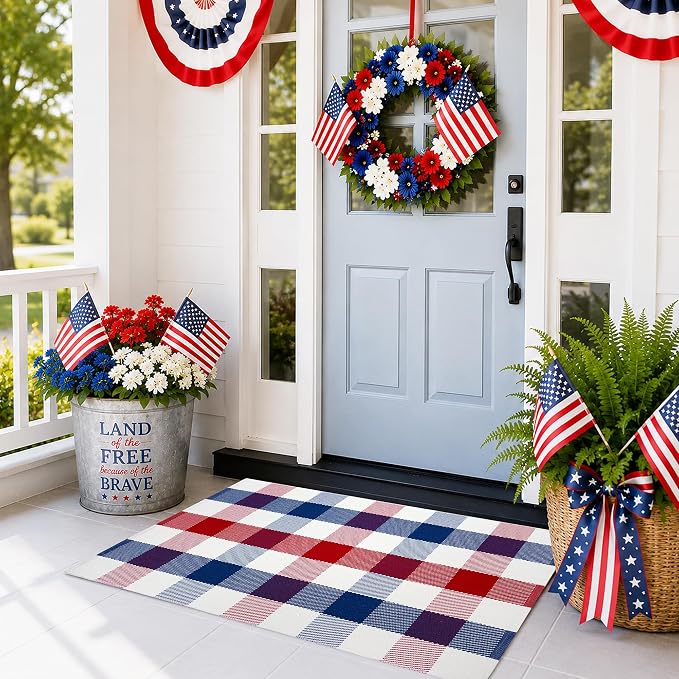 4th of July Door Mat Rug 28"x43", Patriotic Outdoor Rug, Red White and Blue Plaid Rug for Front Porch, Patriotic Door Mat for Indoor Outdoor Entryway Farmhouse Decor