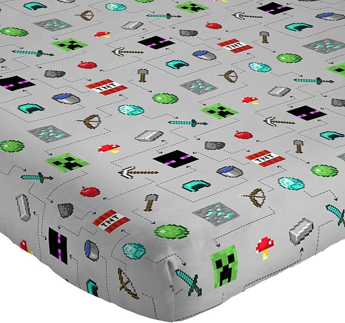 Jay Franco Kids Sheet Set with Fitted, Flat Sheets & Pillow Cover - Ultra-Soft Bedding with Pillowcase for Room Decor, Gray - Minecraft, 3 Piece Twin