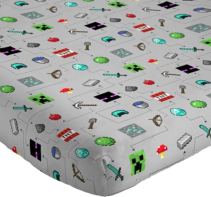Jay Franco Kids Sheet Set with Fitted, Flat Sheets & Pillow Cover - Ultra-Soft Bedding with Pillowcase for Room Decor, Gray - Minecraft, 4 Piece Full